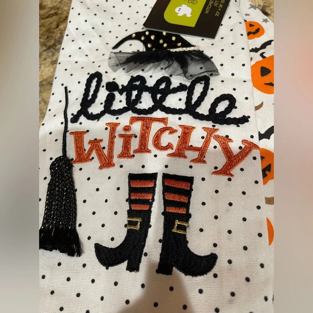 Goblin & Ghoul enbroidered kitchen towels set LITTLE WITCHY and pumpkins NEW!